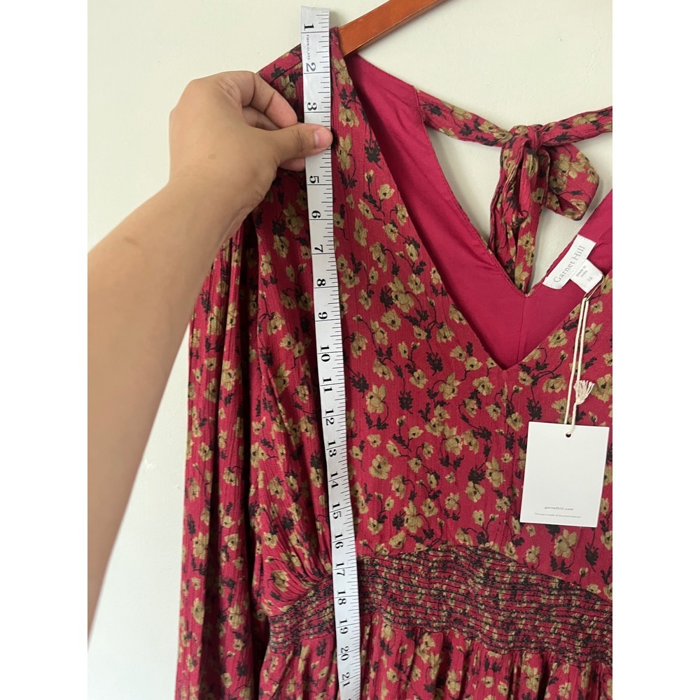 Garnet Hill Womens Burgundy Floral Smocked Waist Boho Midi Dress Size 16 NWT - Picture 4 of 12